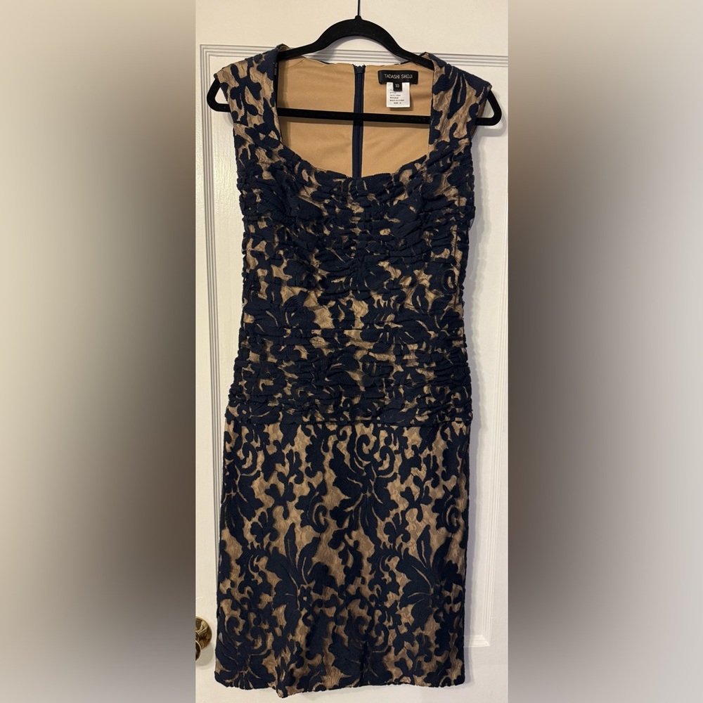 Tadashi Shoji Black and Tan Embroidered Lace Sheath Dress